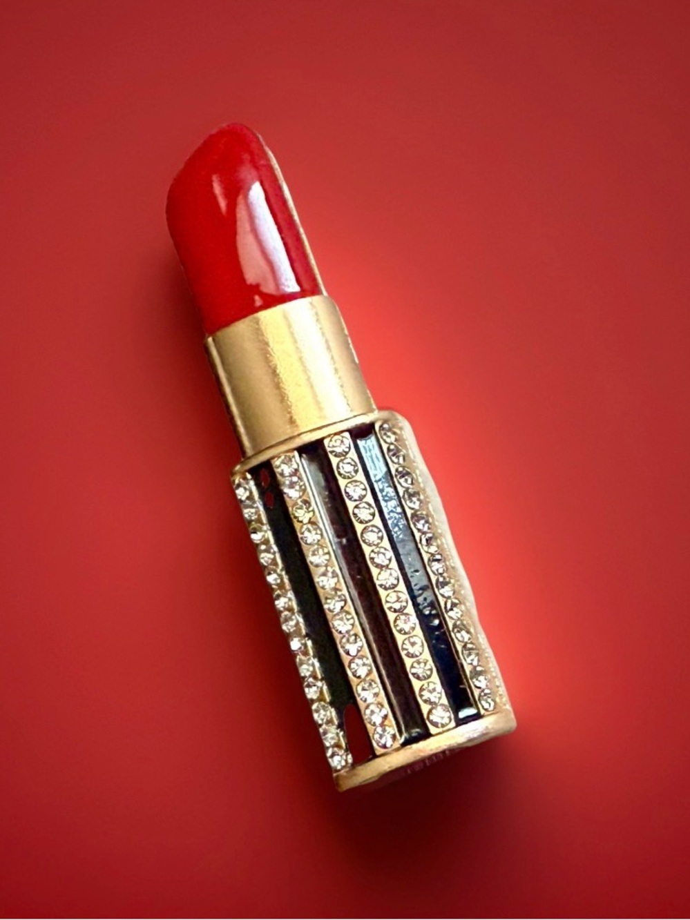Red Lipstick Brooch in Bold Red  Rhinestones Gold Tone Enamel Tube Statement Pin